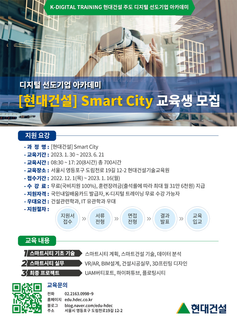 k-DIGITAL TRAINING 현대건설 주도 디자털 선도기업 아카데미-[현대건설] Smart City 교육생 모집 (지원요강 - 과정명: [현대건설] Smart City / 교육기간 : 2023.1.30~2023.6.21 / 교육시간 : 08:30~17:20(8시간) 총 700시간 / 교육장소 : 서울시 영등포구 도림천로 19길 12-2 현대건설기술교육원 / 접수기간 : 2022.12.1(목) ~ 2023.1.16(월) / 수강료 : 무료(국비지원 100%), 훈련장려금(출석율에 따라 최대 월 31만 6천원) 지급 / 지원자격 : 국민애리배움카드 발급자, K-디지털 트레이닝 무료 수강 가능자 / 우대요건 : 건설관련학과, IT 유관학과 우대 / 지원절차 : 지원서 접수》서류 전형》면접 전형》결과 발표》교육 입교), 교육내용(1. 스마트시티 기초 기술 : 스마트시티계획, 스마트시티 기술, 테이터분석 2. 스마트시티 실무 : VR/AR, BIM설계, 건설시공실무, 3D프린팅 디자인 3.최종프로젝트 : UAM버티포트, 하니터튜브, 플로팅 시티, 교육문의(전화: 02-2163-0998~9, 홈페이지:edu.hdec.co.kr, 블로그: blog.naver.com/edu-hdec, 주소: 서울시 영등포구 도림천로 19길 12-2 